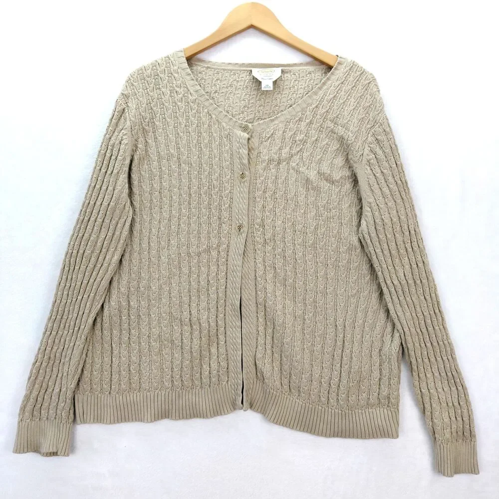 Talbots Cable Knit Cardigan Sweater Womens Size 2X Tan Button Up Pima Cotton